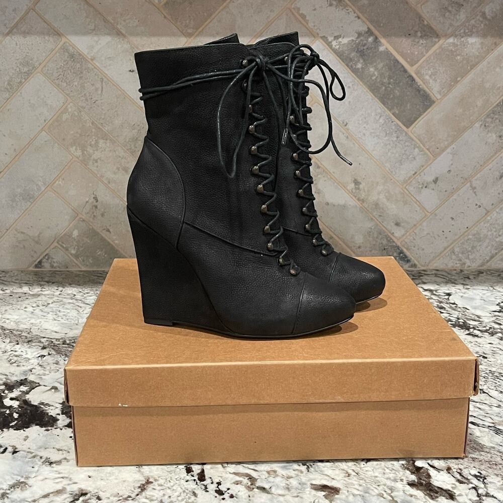 Joie Black Leather Lace Up Wedge Ankle Boots‎ Side Zip Almond Toe Size 37 - Picture 4 of 11